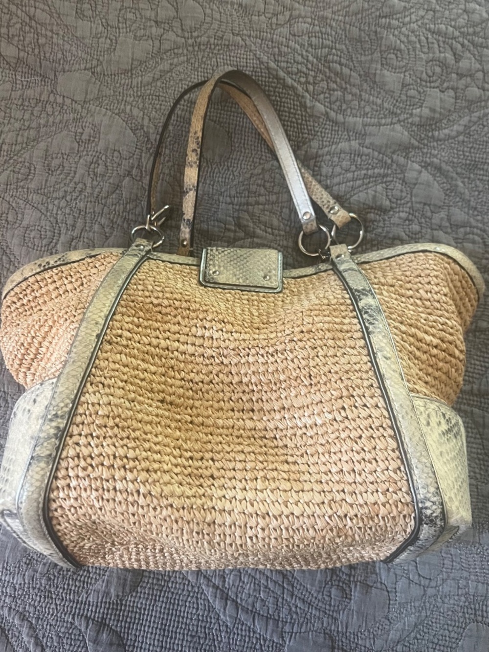 Coach Straw Hampton Python Trim Tote Shoulder Hobo Bag w/ Turn Lock Zebra Lined - Picture 2 of 10